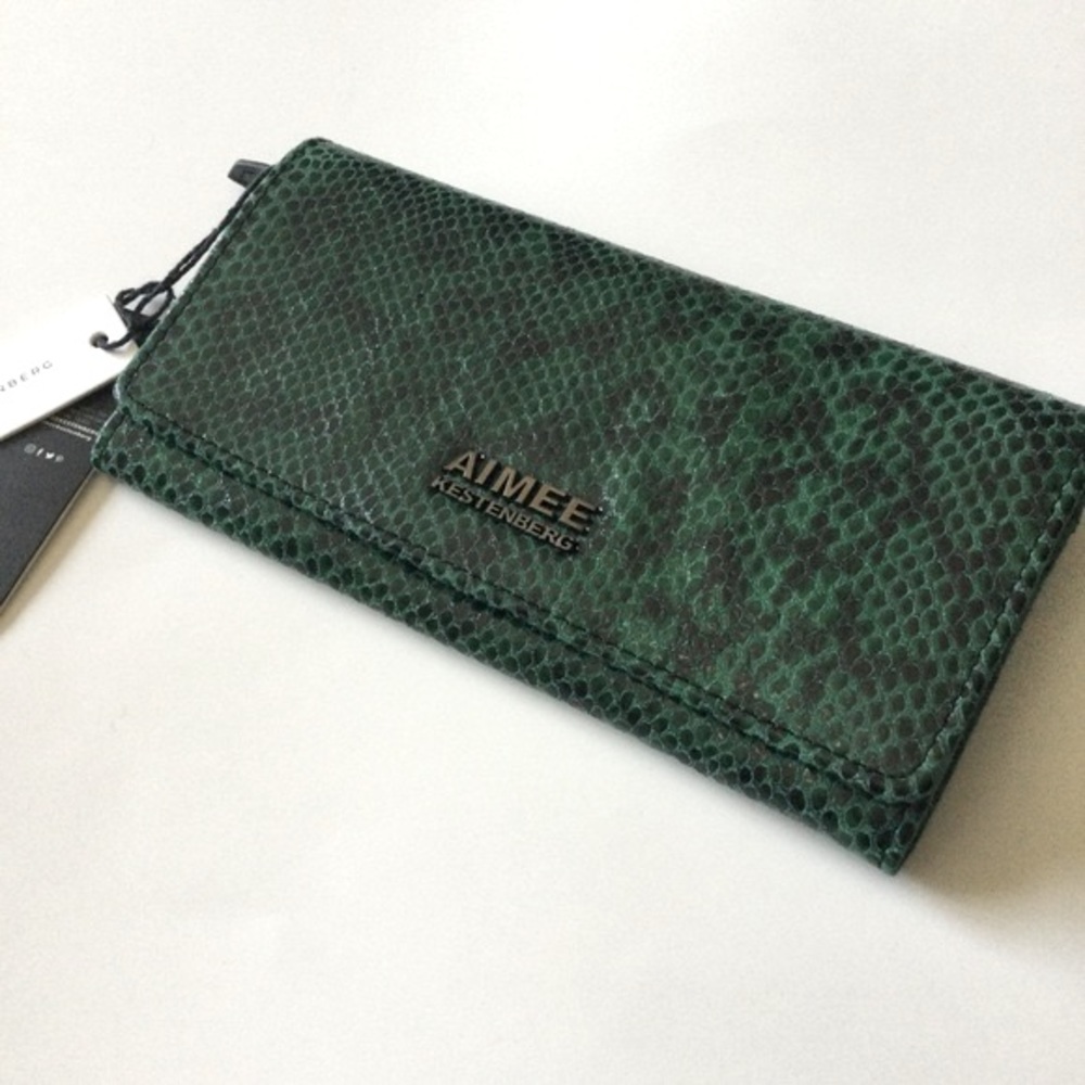 AIMEE KESTENBERG SOVANA FOLD OVER SLIM LEATHER WALLET IN EMERALD GREEN SNAKE NWT
